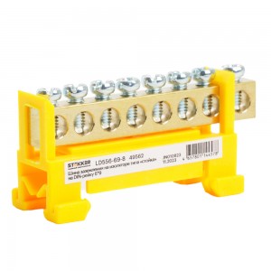 Шина &quot;PE&quot; на изоляторе STEKKER LD556-69-8 на DIN-рейку стойка 8 выводов 6х9, желтый Шина "PE" на изоляторе STEKKER LD556-69-8 на DIN-рейку стойка 8 выводов 6х9, желтый