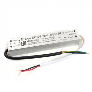 Трансформатор электронный Feron LB007 DC12V 30W IP67 для светодиодной ленты Трансформатор электронный Feron LB007 DC12V 30W IP67 для светодиодной ленты
