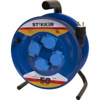 Удлинитель на металлической катушке Stekker PRF02-41-50, 50м, 4 гнезда с/з 3*2,5, синий, серия Professional